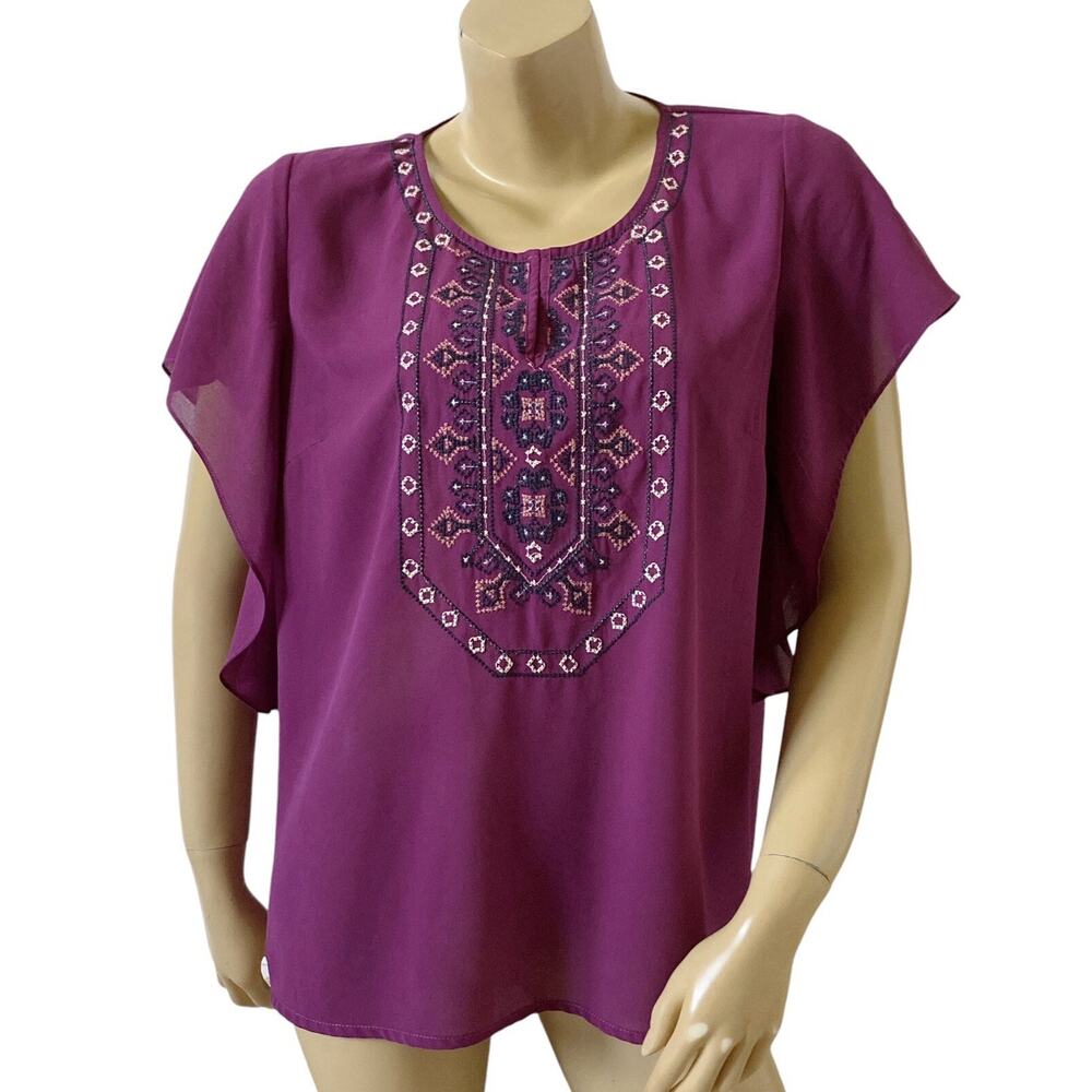 Skies Are Blue Petite LP Purple Embroidered Boho Peasant Blouse Keyhole Neck